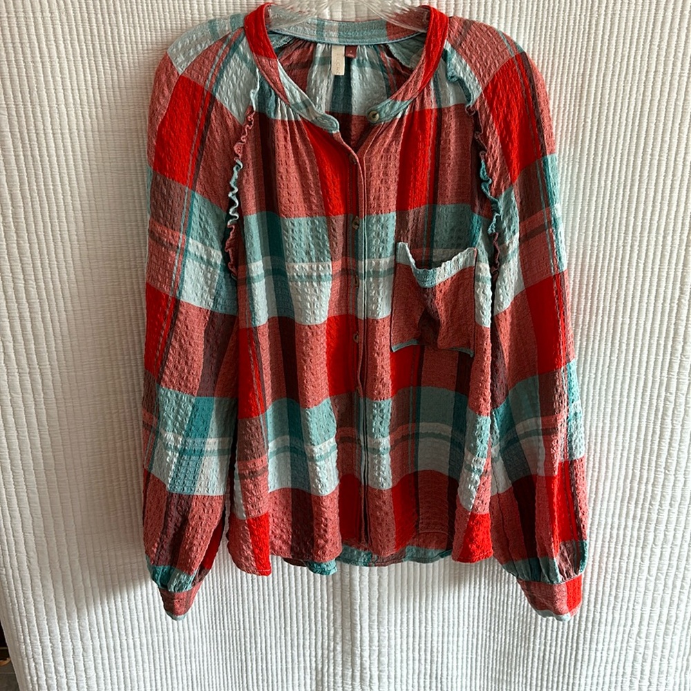 Pilcro Red and Teal Plaid Blouse from Anthropologie